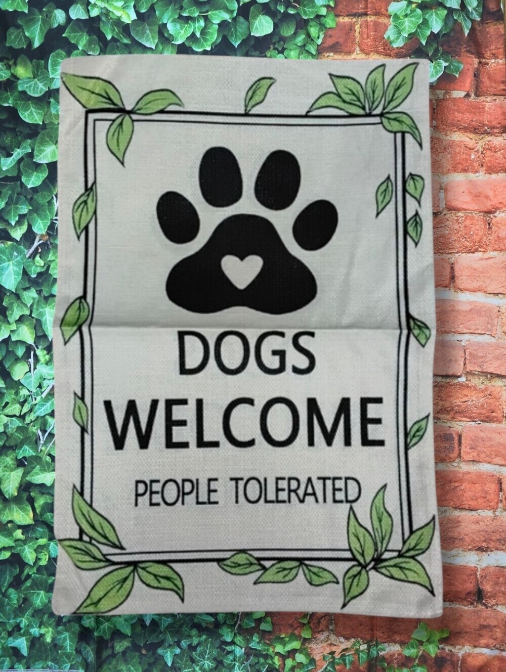 All Season Dogs Welcome Garden Flag with Green Leaf Accents